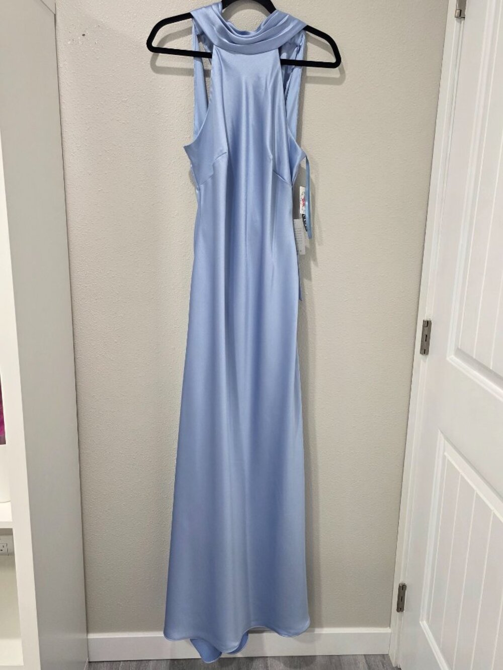 Xscape Sky Blue Satin Halter Gown – Size 10 NWT – Open Back Formal Maxi Gown - Picture 4 of 12
